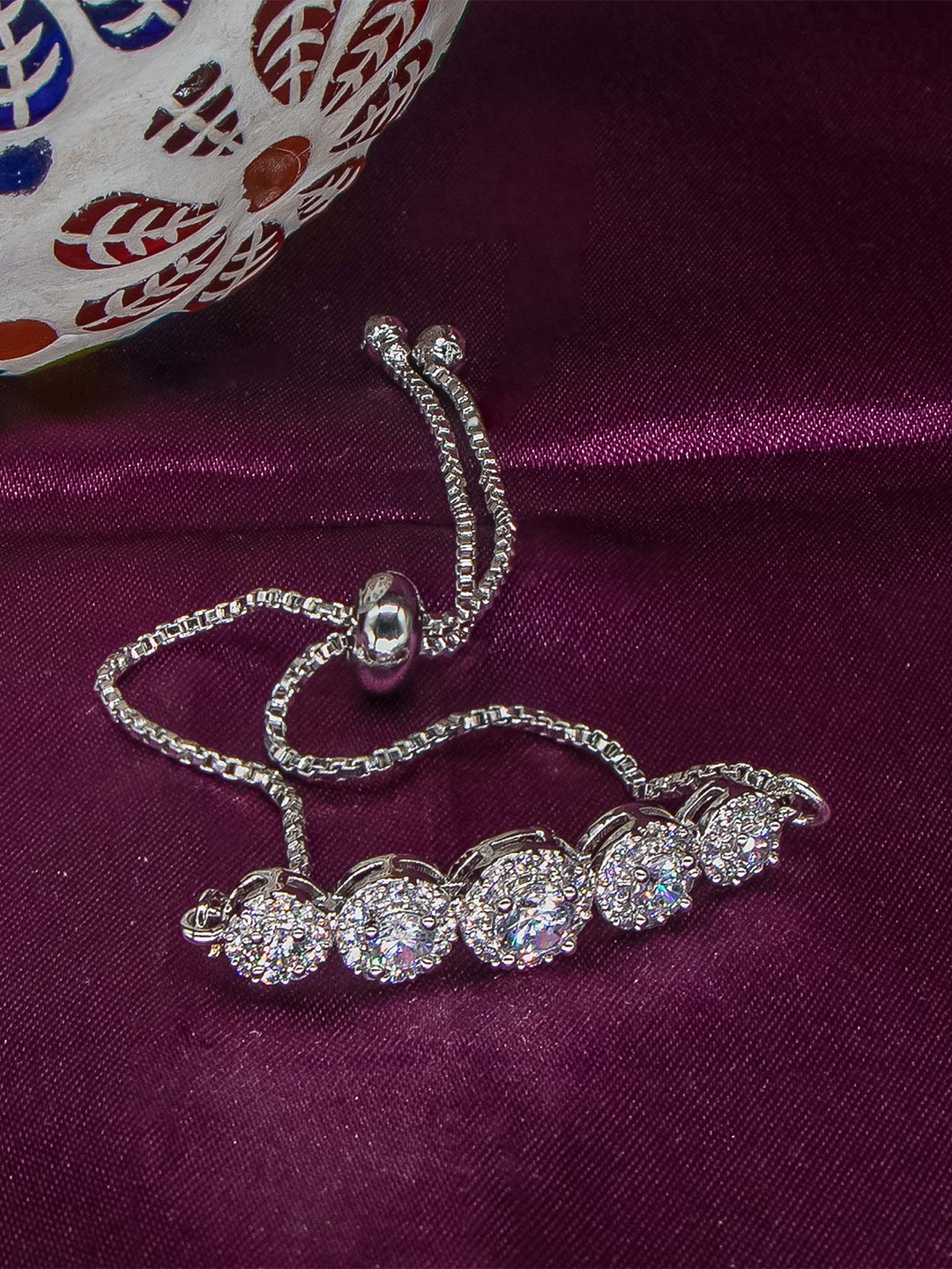 Manikya American Diamond Studded  Rhodium-Plated Charm Bracelet