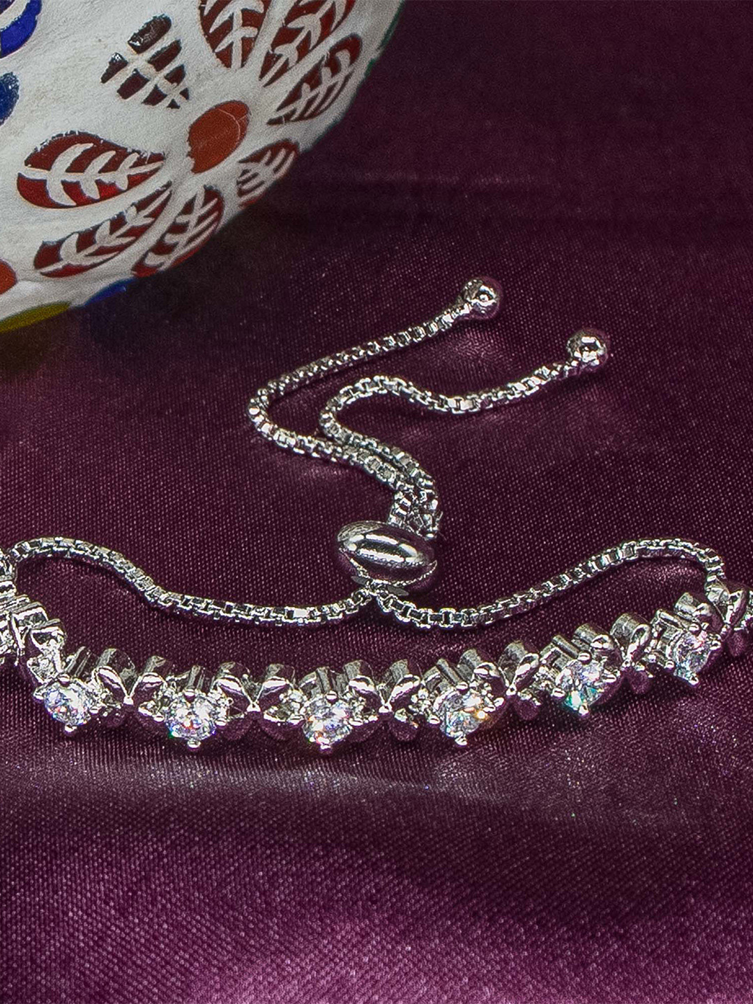 Manikya American Diamond Rhodium-Plated Charm Bracelet