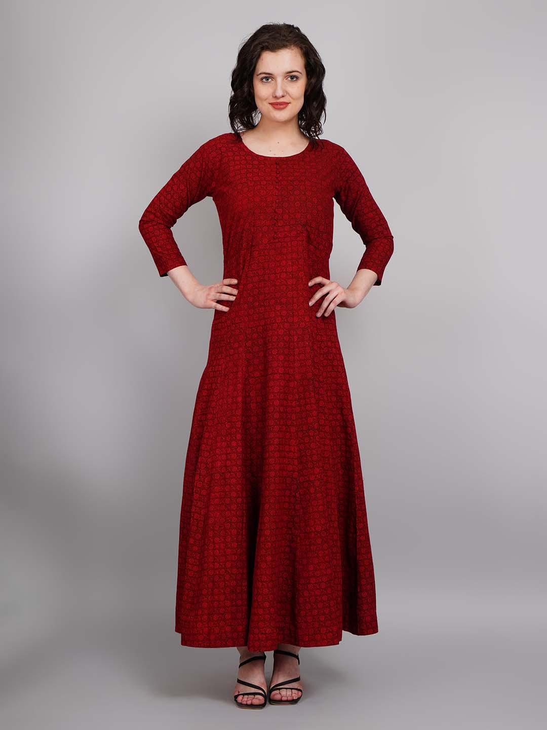 NAVGYA Round Self Design Cotton Fit & Flare Maxi Dress