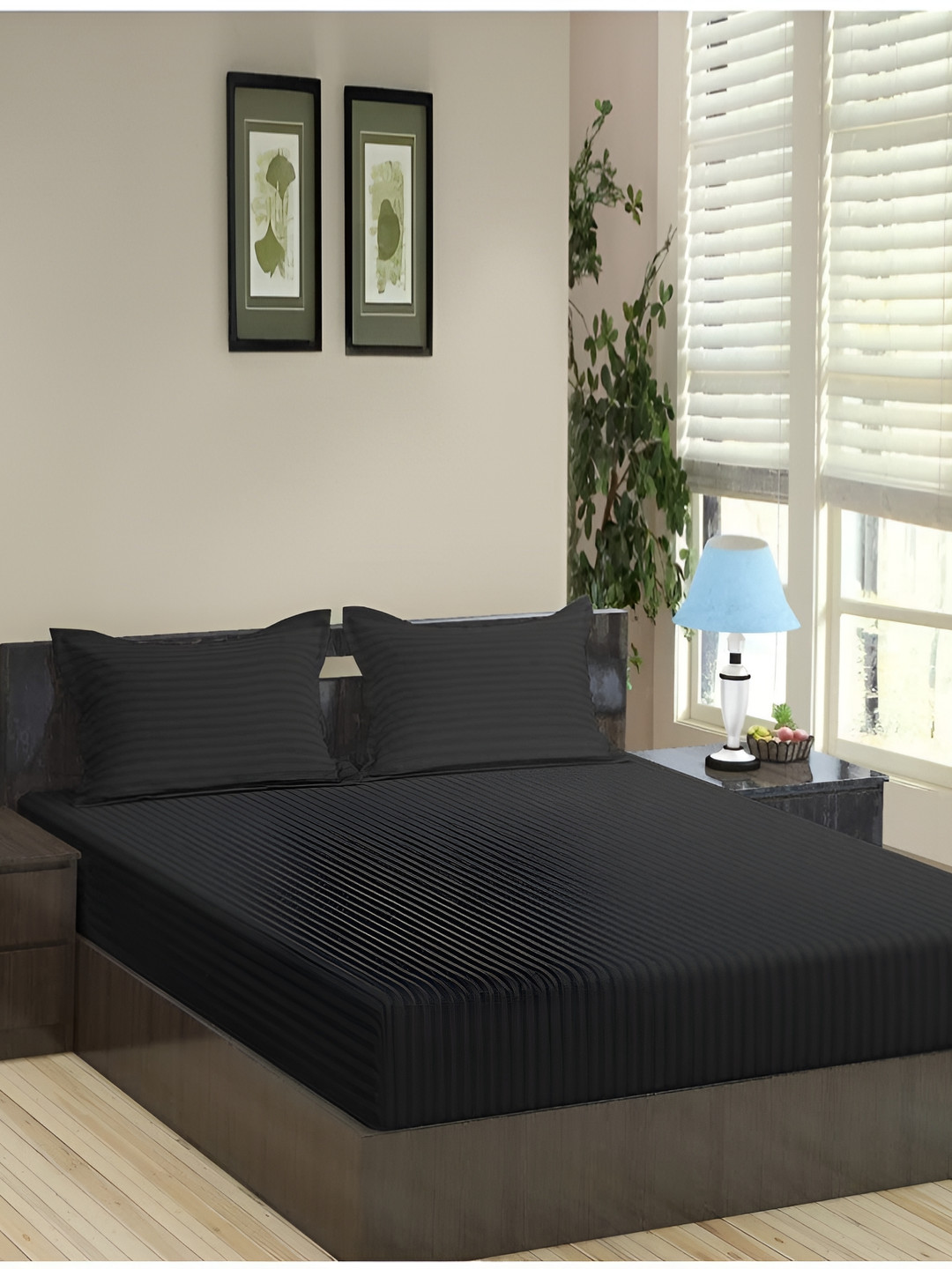 RRC Grey Melange Striped Microfiber 210 TC Queen Fine Bedsheet with 2 Pillow Covers-90 x 100 inches