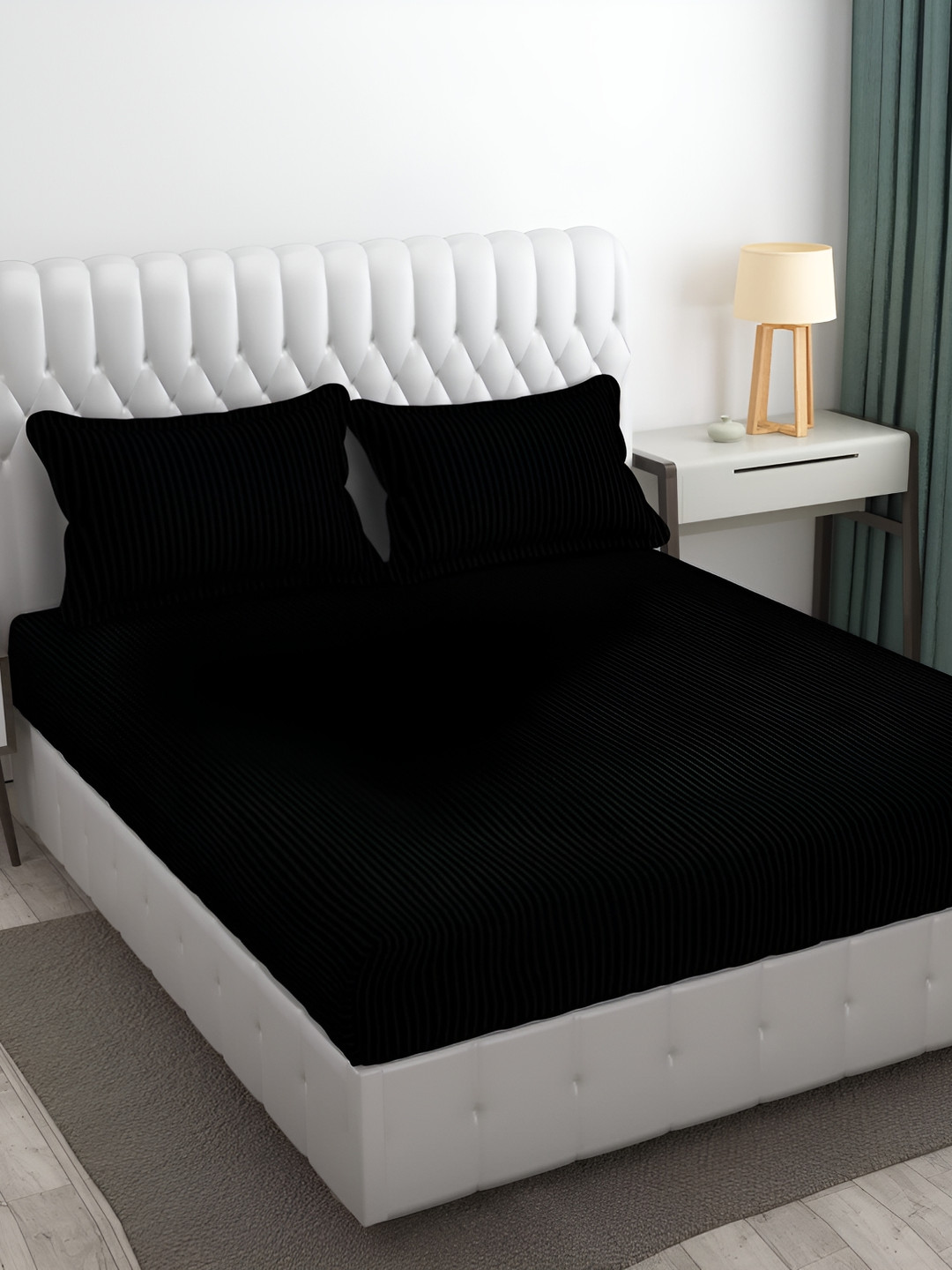 RRC Black Striped Microfiber 210 TC Queen Fine Bedsheet with 2 Pillow Covers-90 x 100 inches