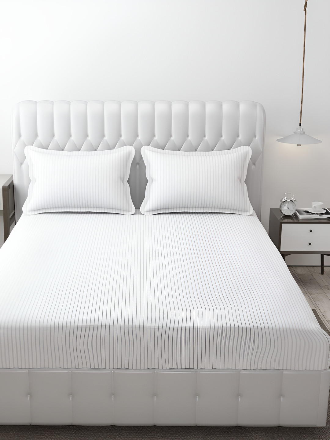 RRC Brushed White Striped Microfiber 210 TC Queen Fine Bedsheet with 2 Pillow Covers-90 x 100 inches