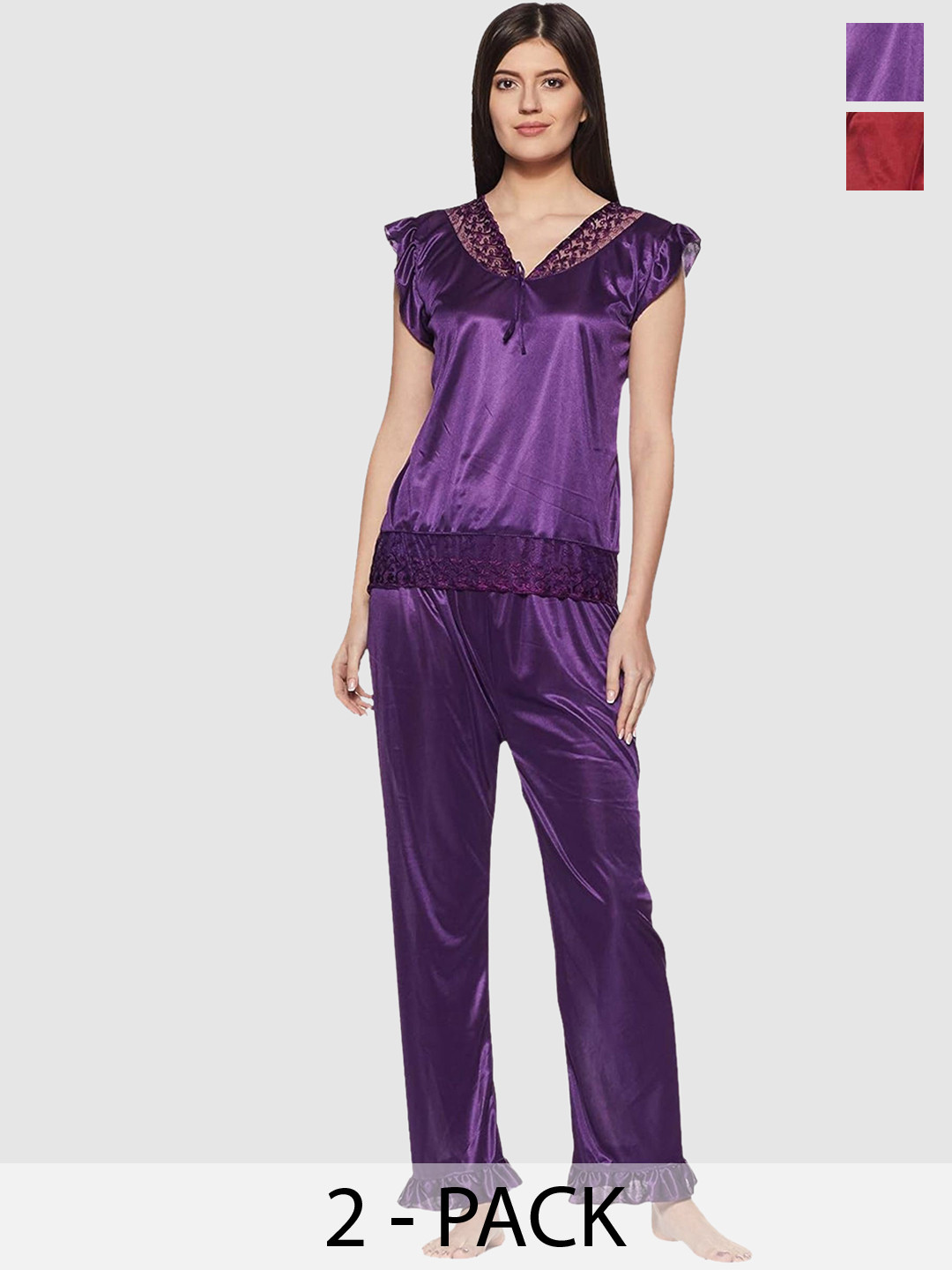 Fabme Pack Of 2 Satin Lace Night Suit