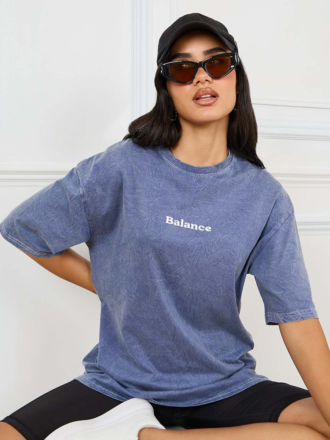 Styli Blue Acid Wash Round Neck Drop-Shoulder Sleeves Cotton Oversized Longline T-shirt