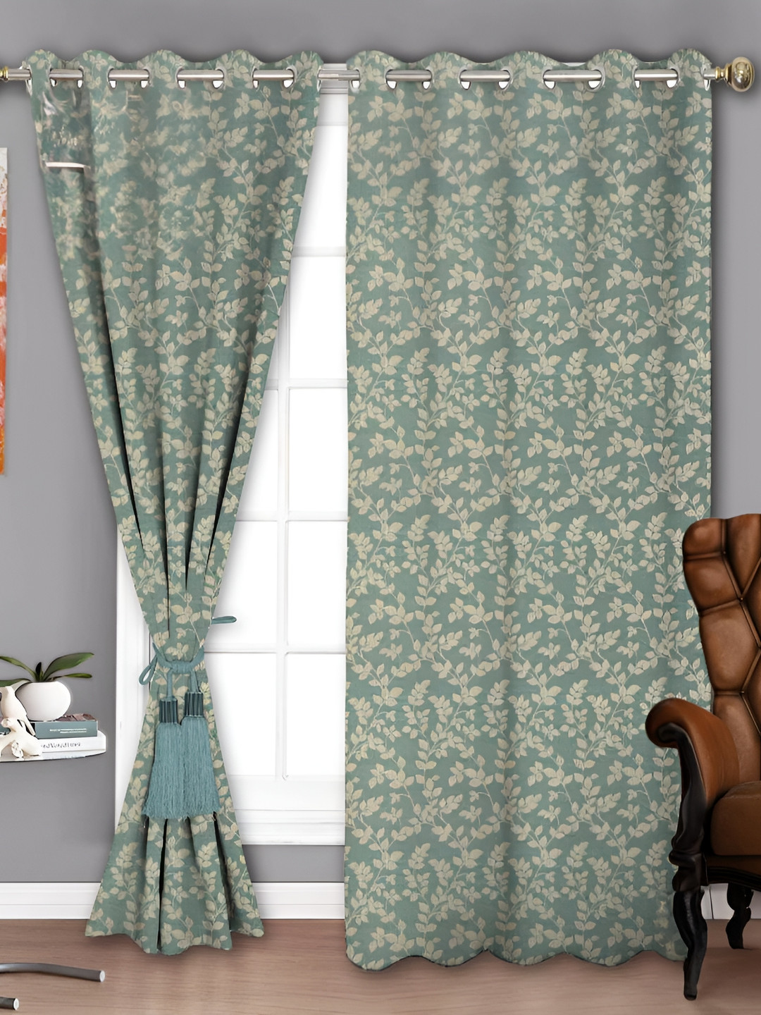 Parda Sansar Grey & Off White 2 Pieces Floral Printed Room Darkening Long Door Curtain