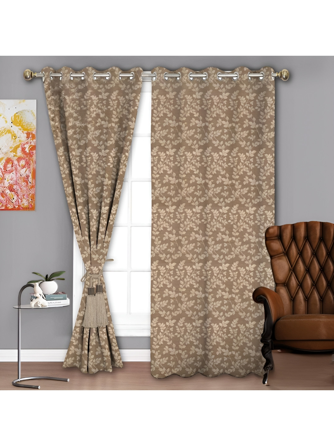 Parda Sansar Brown & Beige 2 Pieces Floral Printed Room Darkening Window Curtain