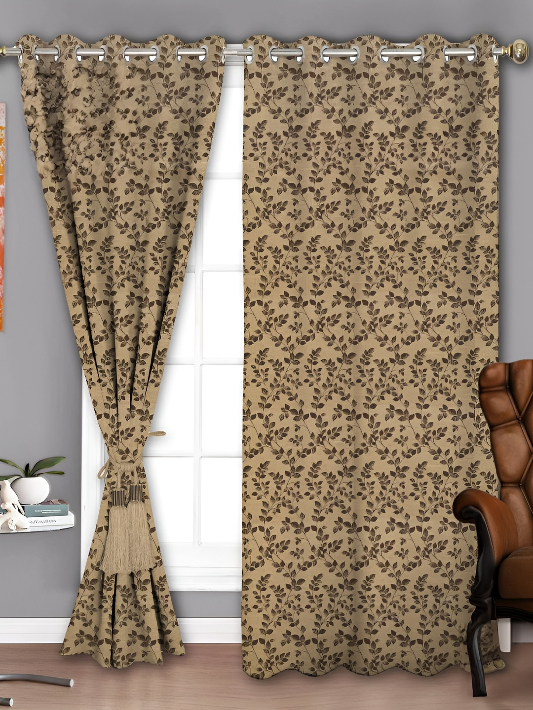 Parda Sansar Beige and Brown 2 Pieces Floral Room Darkening Door Curtains