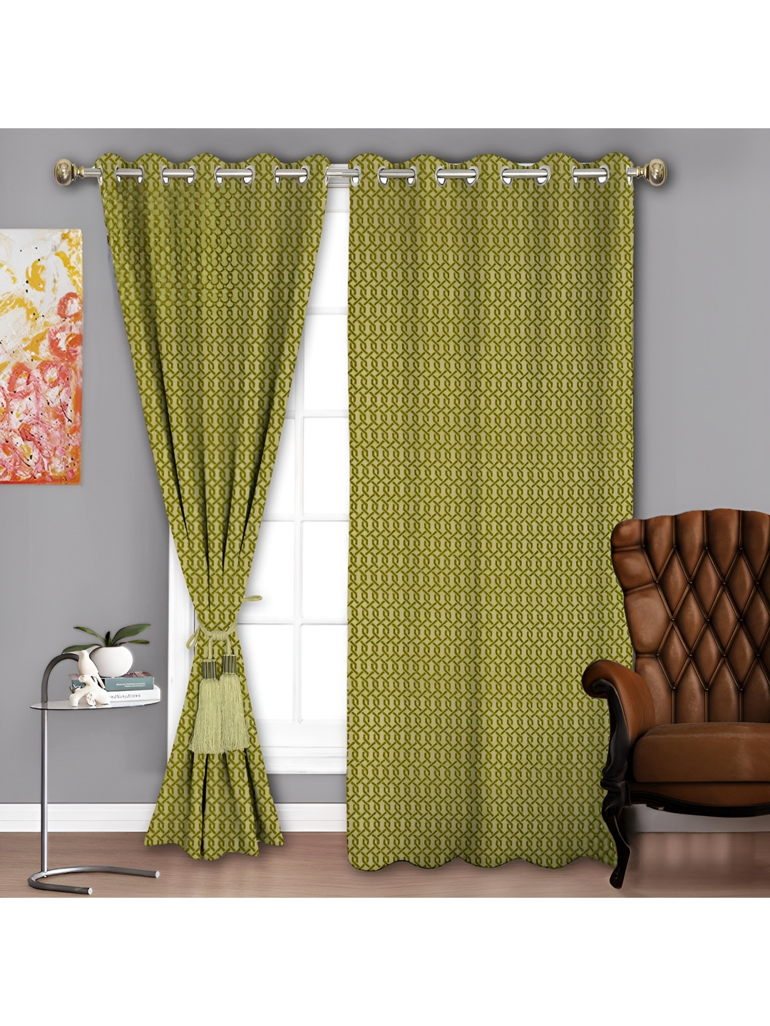 Parda Sansar Green 2 Pieces Geometric Printed Room Darkening Door Curtains