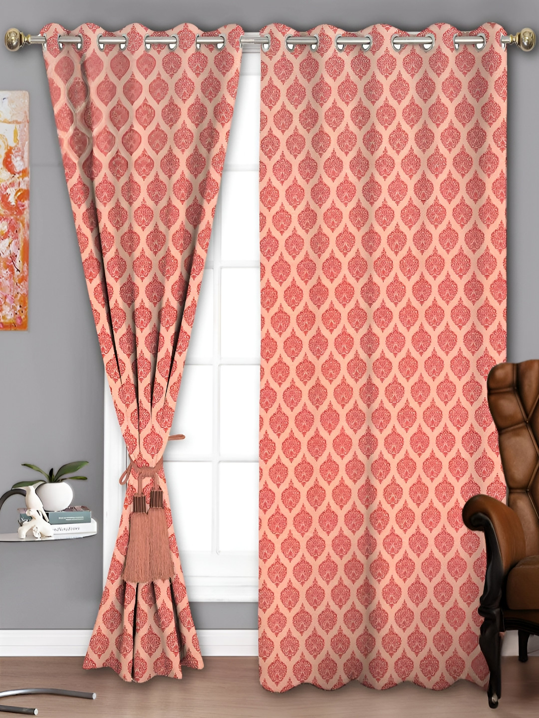 Parda Sansar Red and Cream 2 Pieces Ethnic Motifs Printed Room Darkening Door Curtains