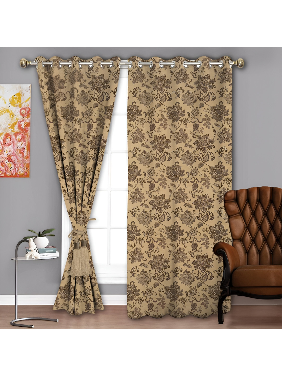 Parda Sansar Beige & Brown 2 Pieces Floral Printed Room Darkening Window Curtains