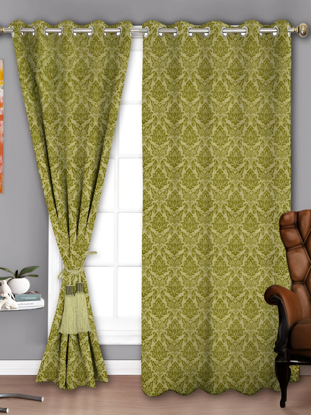 Parda Sansar Green 2 Pieces Ethnic Motifs Printed Room Darkening Long Door Curtains