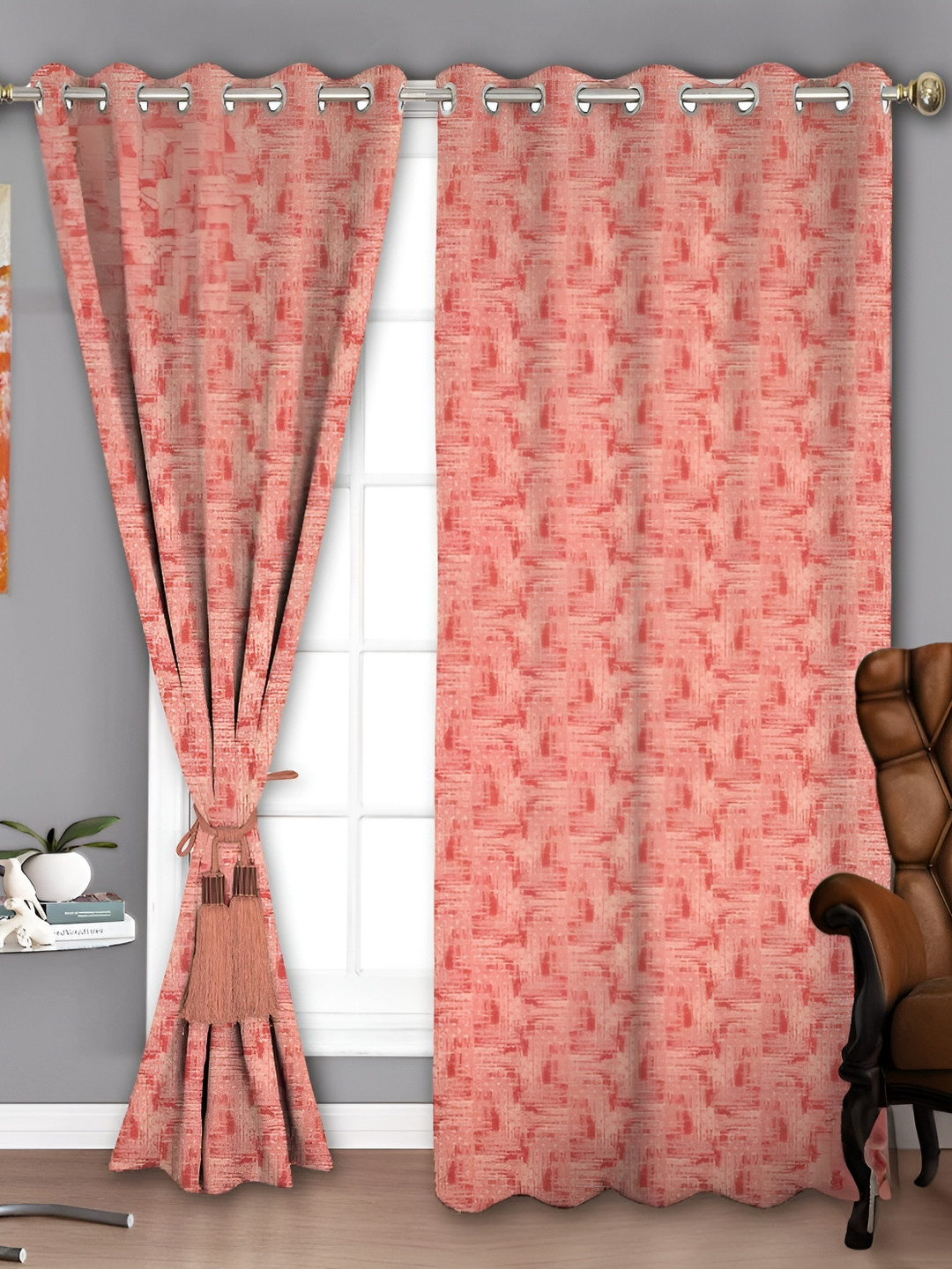 Parda Sansar Red & Peach Colored 2 Pieces Abstract Printed Room Darkening Window Curtains