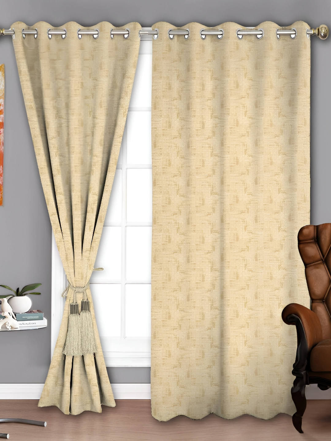 Parda Sansar Beige 2 Pieces Abstract Printed Room Darkening Door Curtains