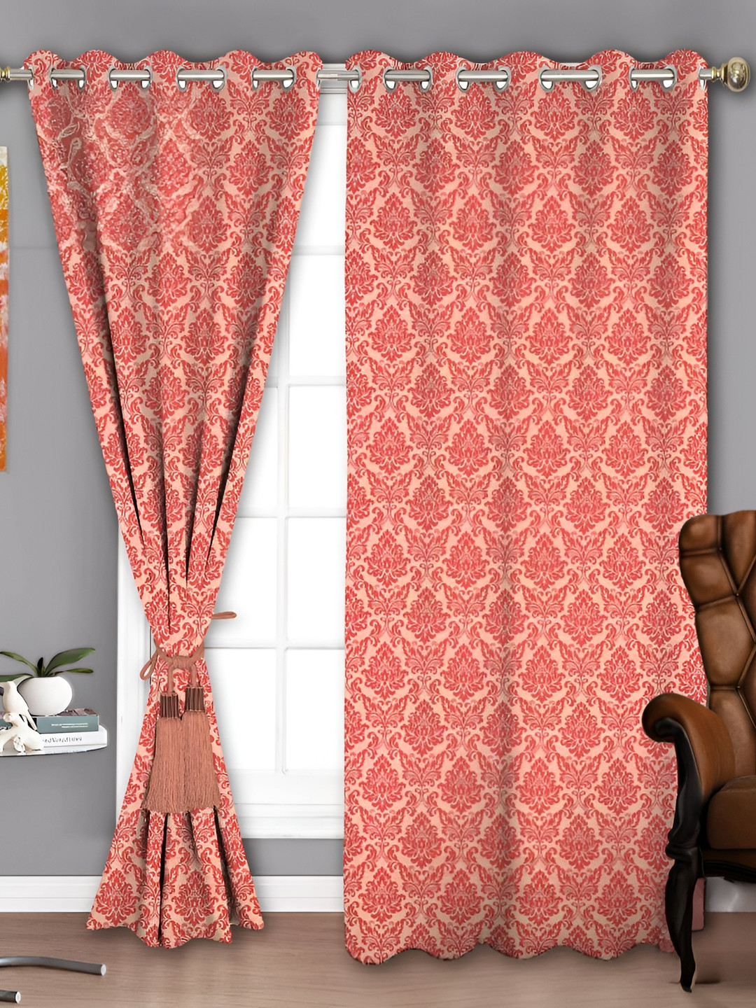Parda Sansar Red & Beige 2 Pieces Ethnic Motifs Printed Room Darkening Window Curtains