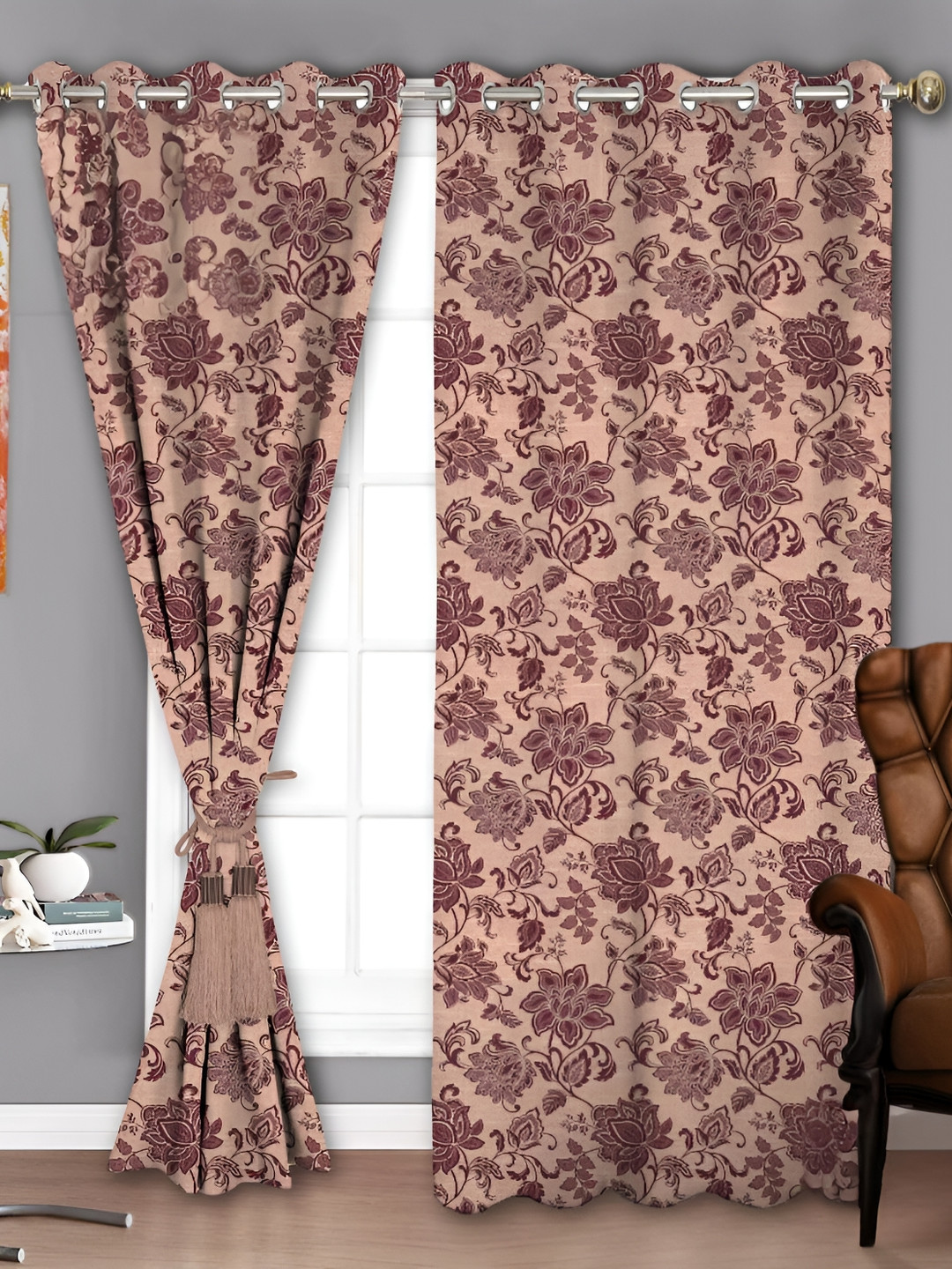 Parda Sansar Brown & Maroon 2 Pieces Floral Printed Room Darkening Door Curtains