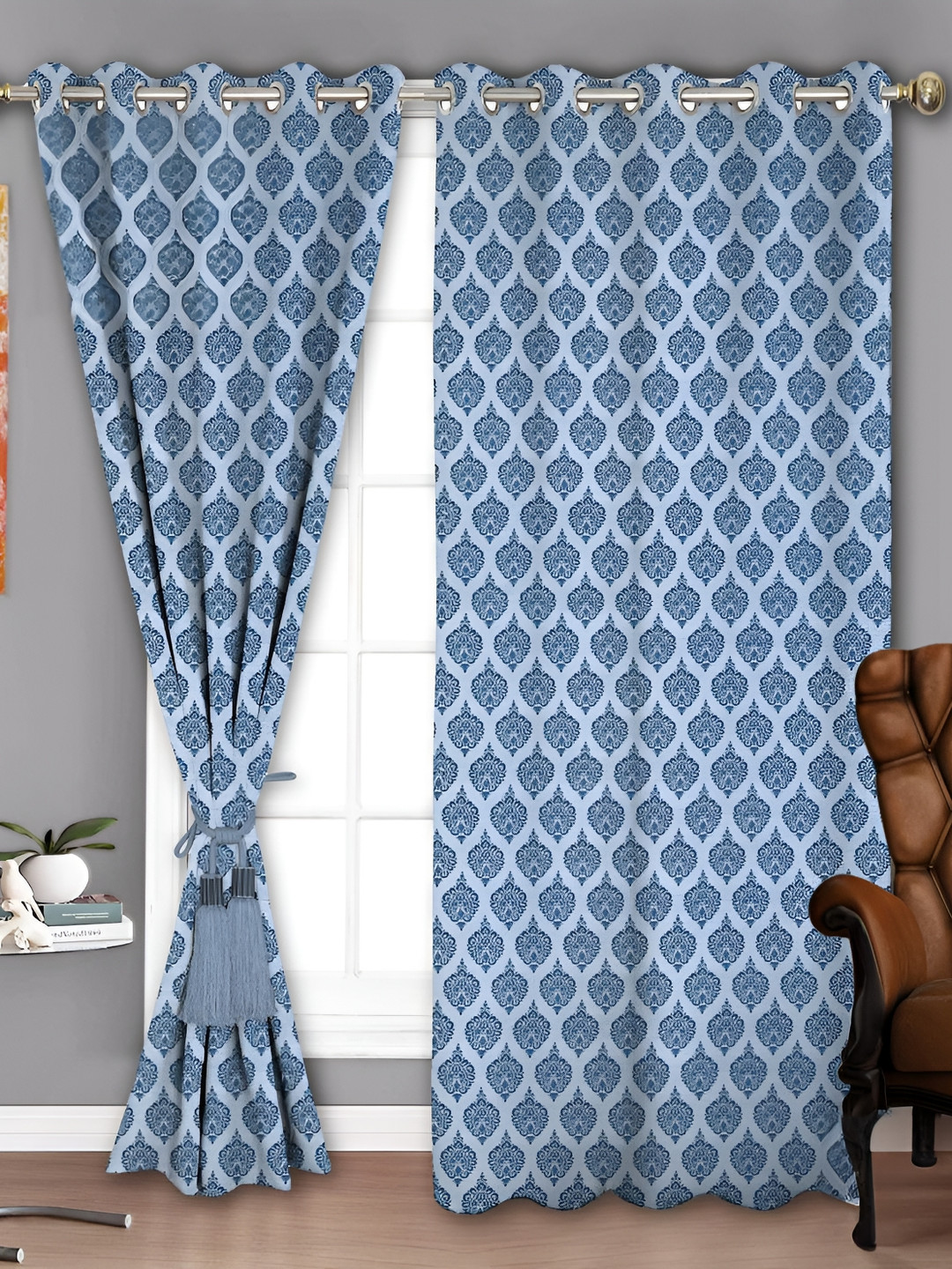 Parda Sansar Blue 2 Pieces Ethnic Motifs Printed Room Darkening Window Curtains