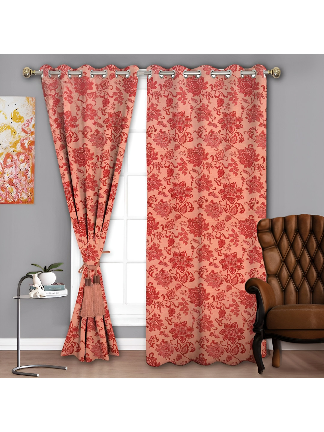 Parda Sansar Red and Peach Colored 2 Pieces Floral Room Darkening Long Door Curtains