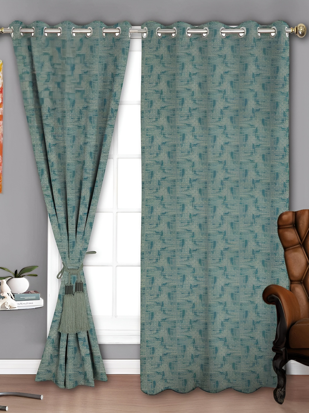 Parda Sansar Grey & Teal Green 2 Pieces Abstract Printed Room Darkening Window Curtains