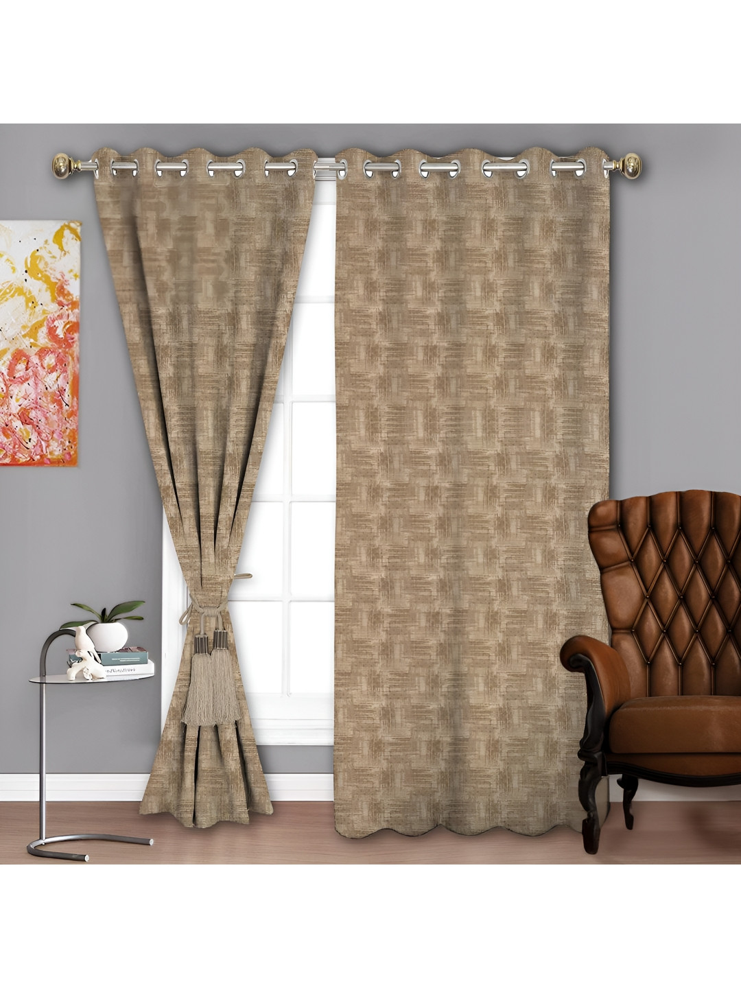 Parda Sansar Beige and Brown 2 Pieces Abstract Printed Room Darkening Window Curtains