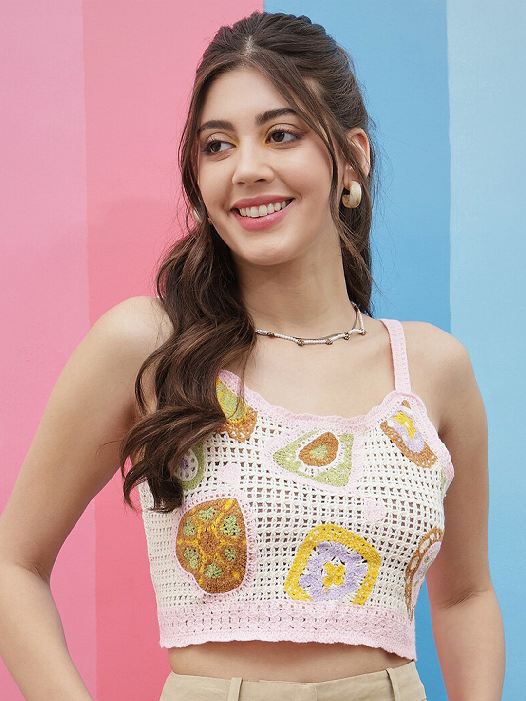 Athena Self Design Cotton Crochet Fitted Crop Top