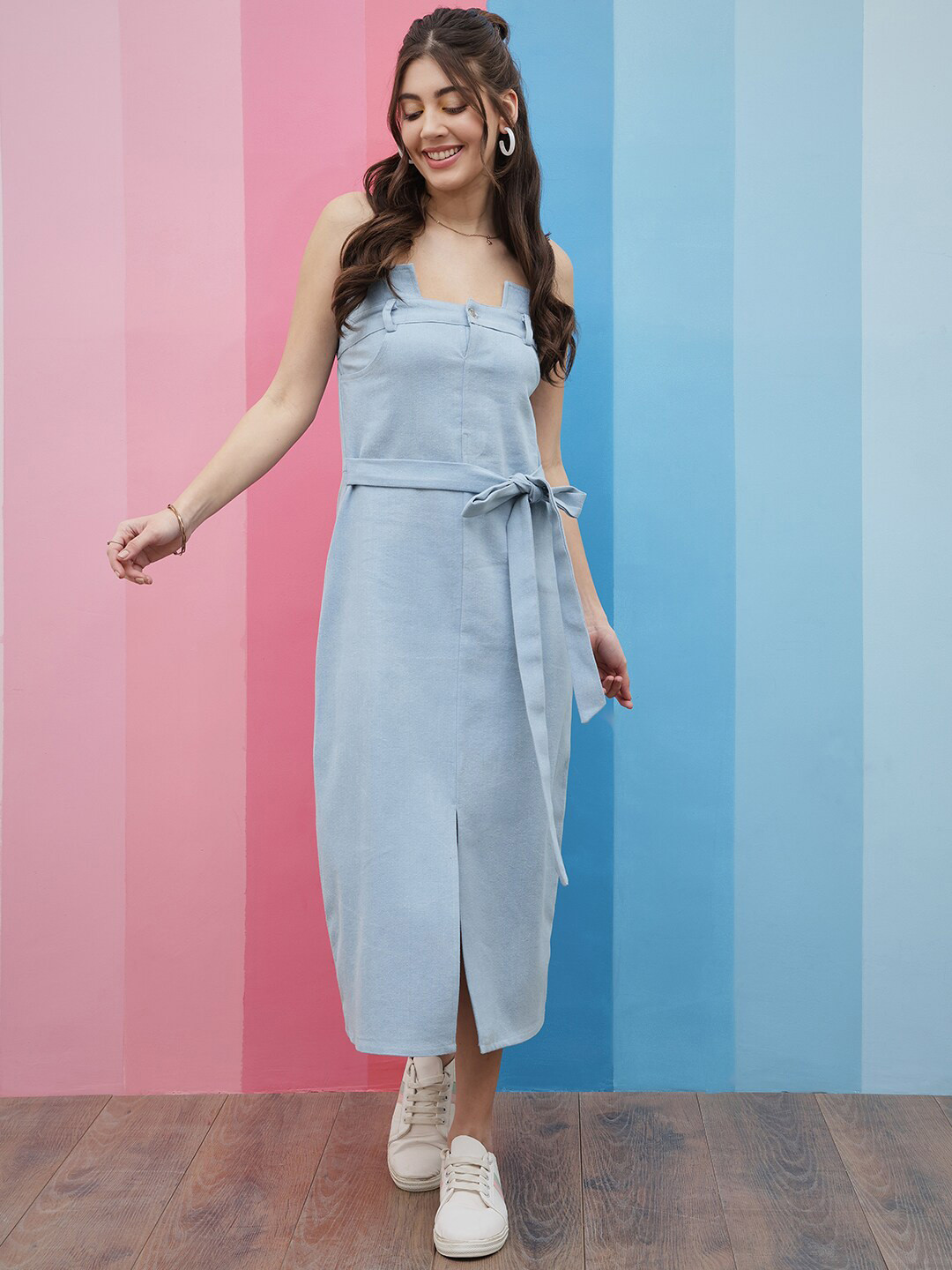 Athena Blue Strapless Tie-Up Detailed Denim A-Line Midi Dress