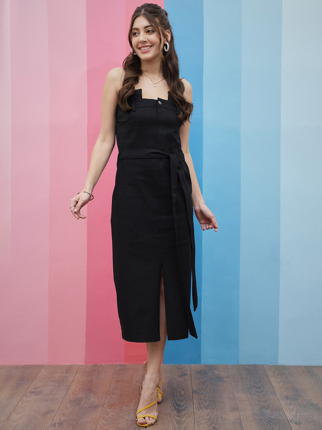 Athena Black Strapless Tie-Up Detailed Denim A-Line Midi Dress