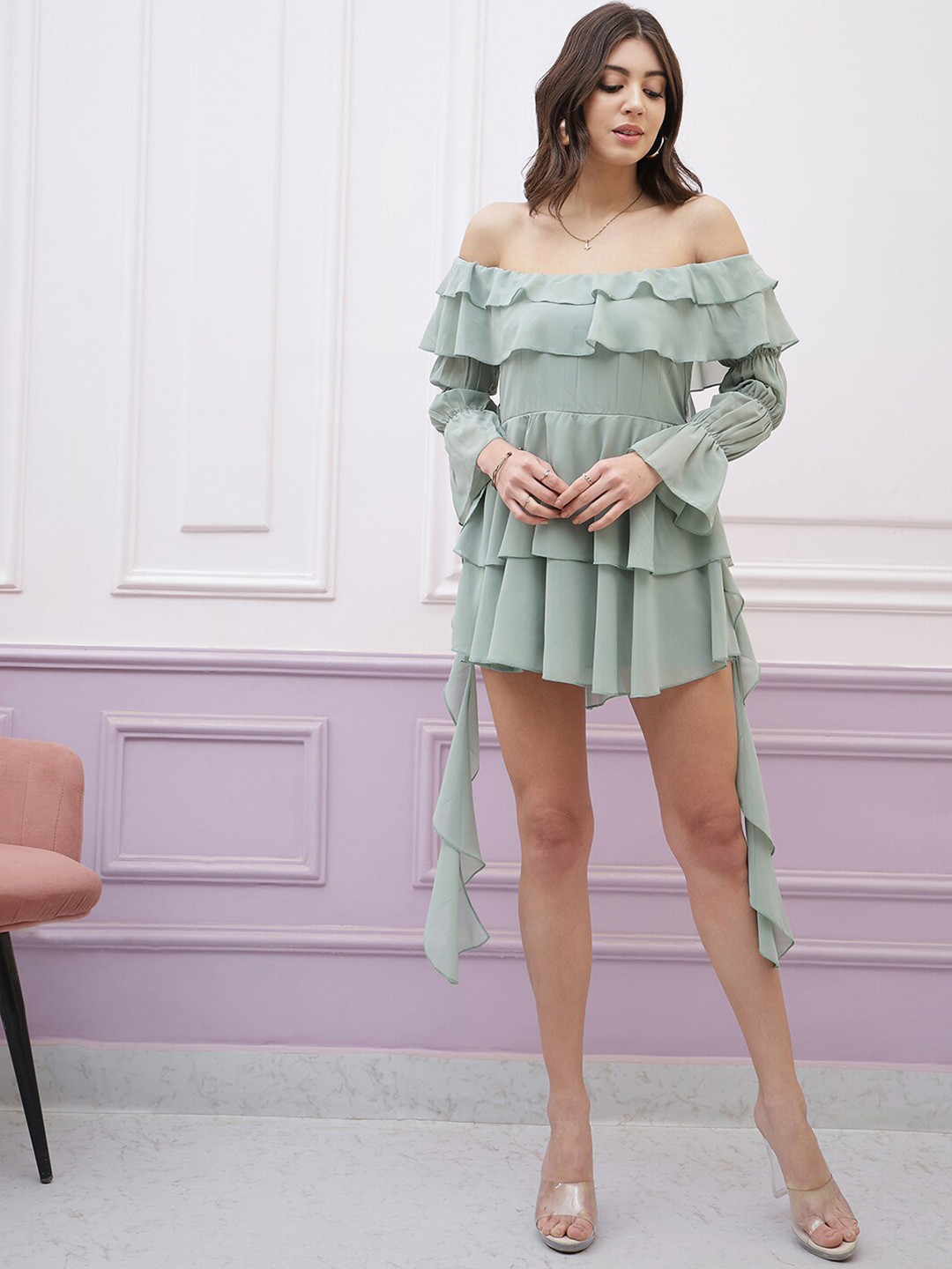 Athena Green Off-Shoulder Puff Sleeves Ruffles Detailed Fit & Flare Mini Dress