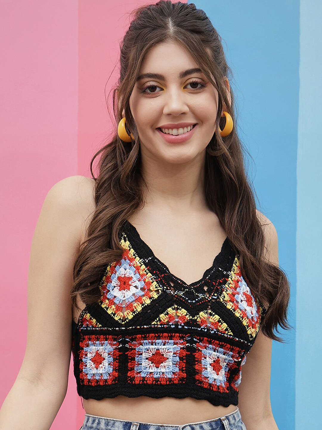 Athena Self Design Fringed Semi Sheer Knitted Crochet Bralette Cotton Crop Top