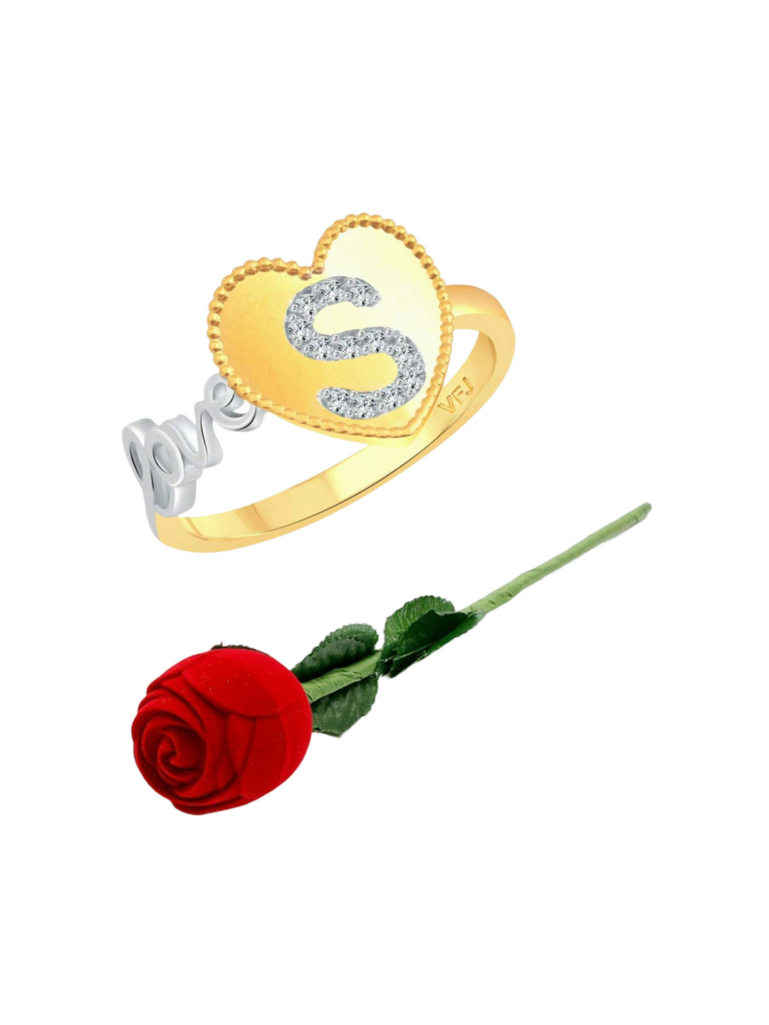 Vighnaharta Gold-Plated Cubic Zirconia-Stone Studded S Letter Finger Ring With Rose Box