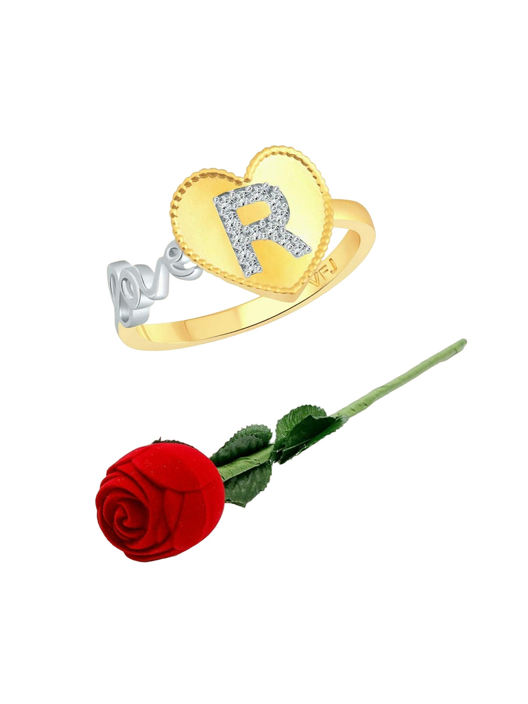 Vighnaharta Gold-Plated CZ-Stone Studded R Letter Heart Design Finger Ring With Rose Box
