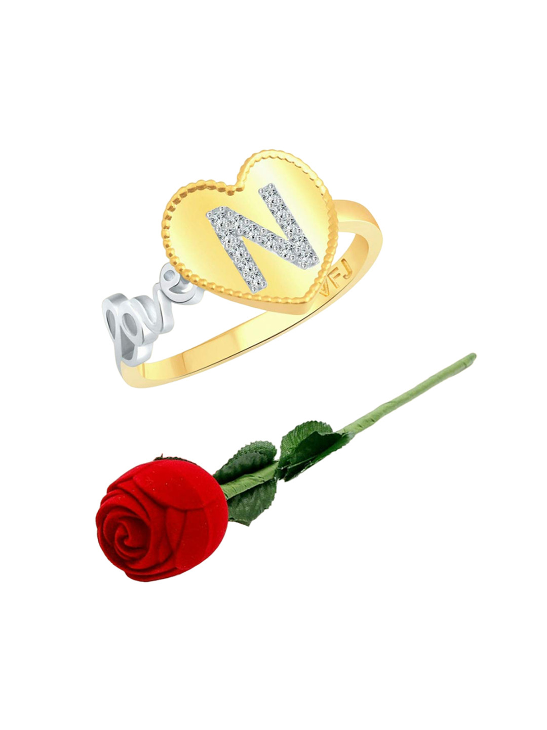 Vighnaharta Gold-Plated Cubic Zirconia-Stone Studded N-Letter Finger Ring With Rose Box