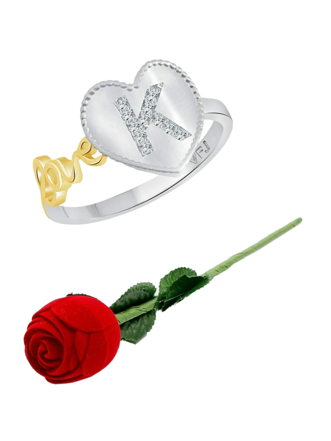 Vighnaharta Rhodium-Plated Cubic Zirconia Studded K-Heart Design Finger Ring With Rose Box