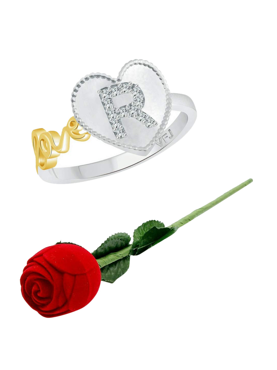 Vighnaharta Rhodium-Plated Cubic Zirconia Studded R-Heart Design Finger Ring With Rose Box