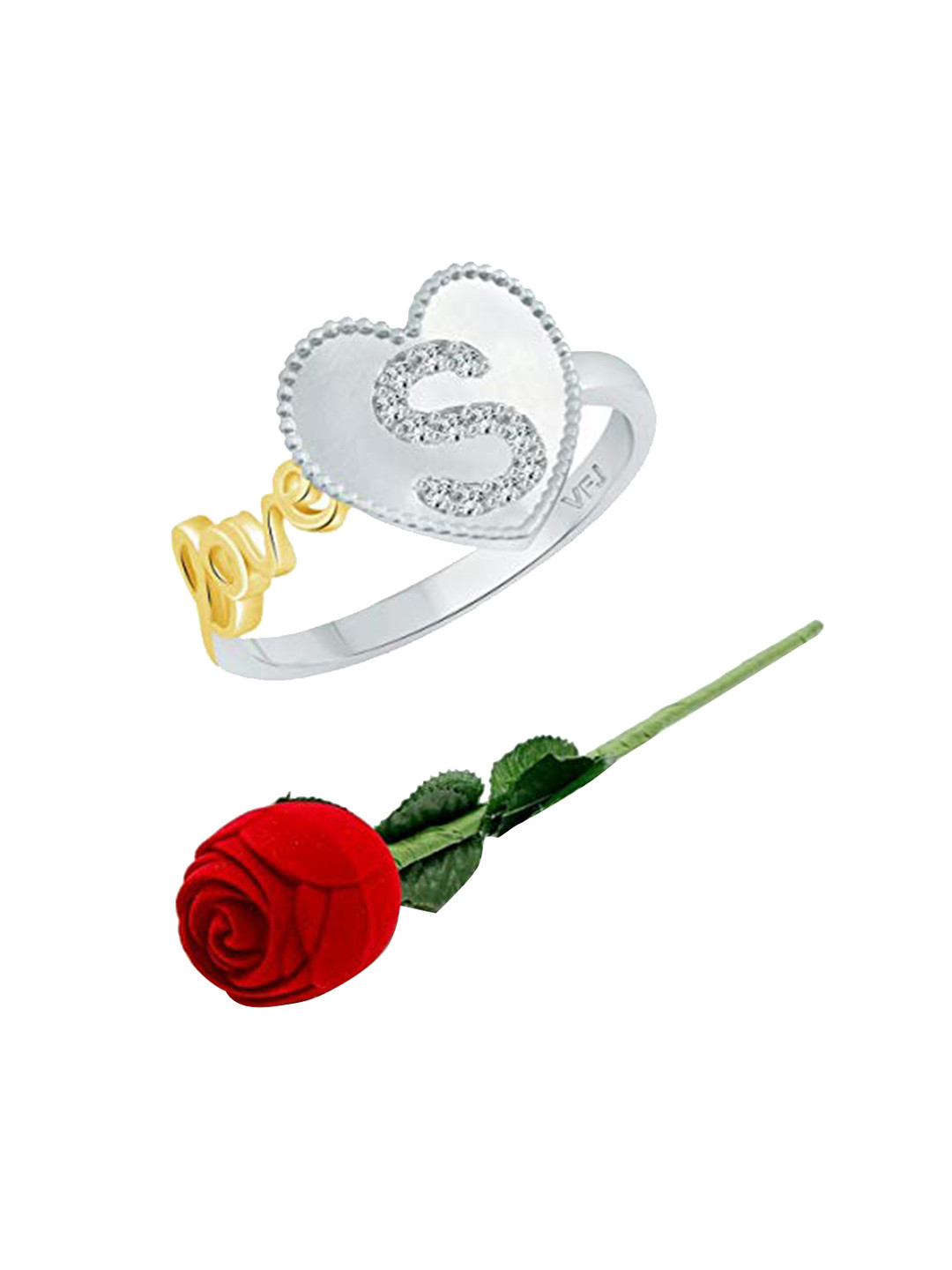 Vighnaharta Rhodium-Plated Cubic Zirconia Studded S-Heart Design Finger Ring With Rose Box