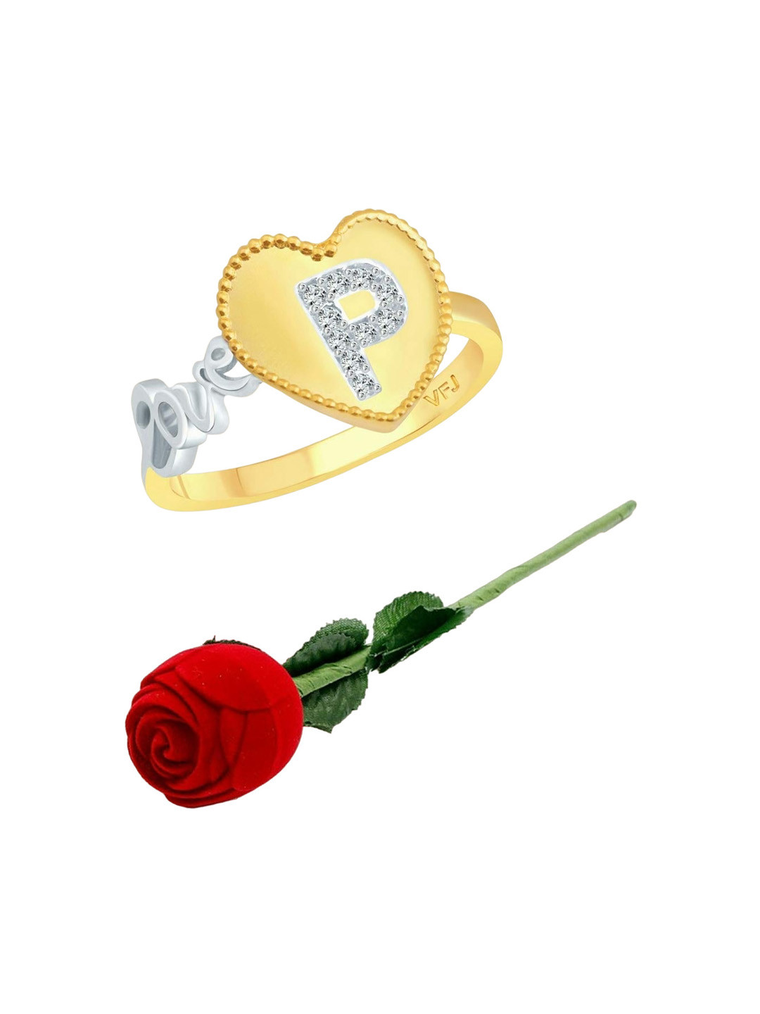 Vighnaharta Gold-Plated CZ-Stone Studded P-Letter Finger Ring With Rose Box
