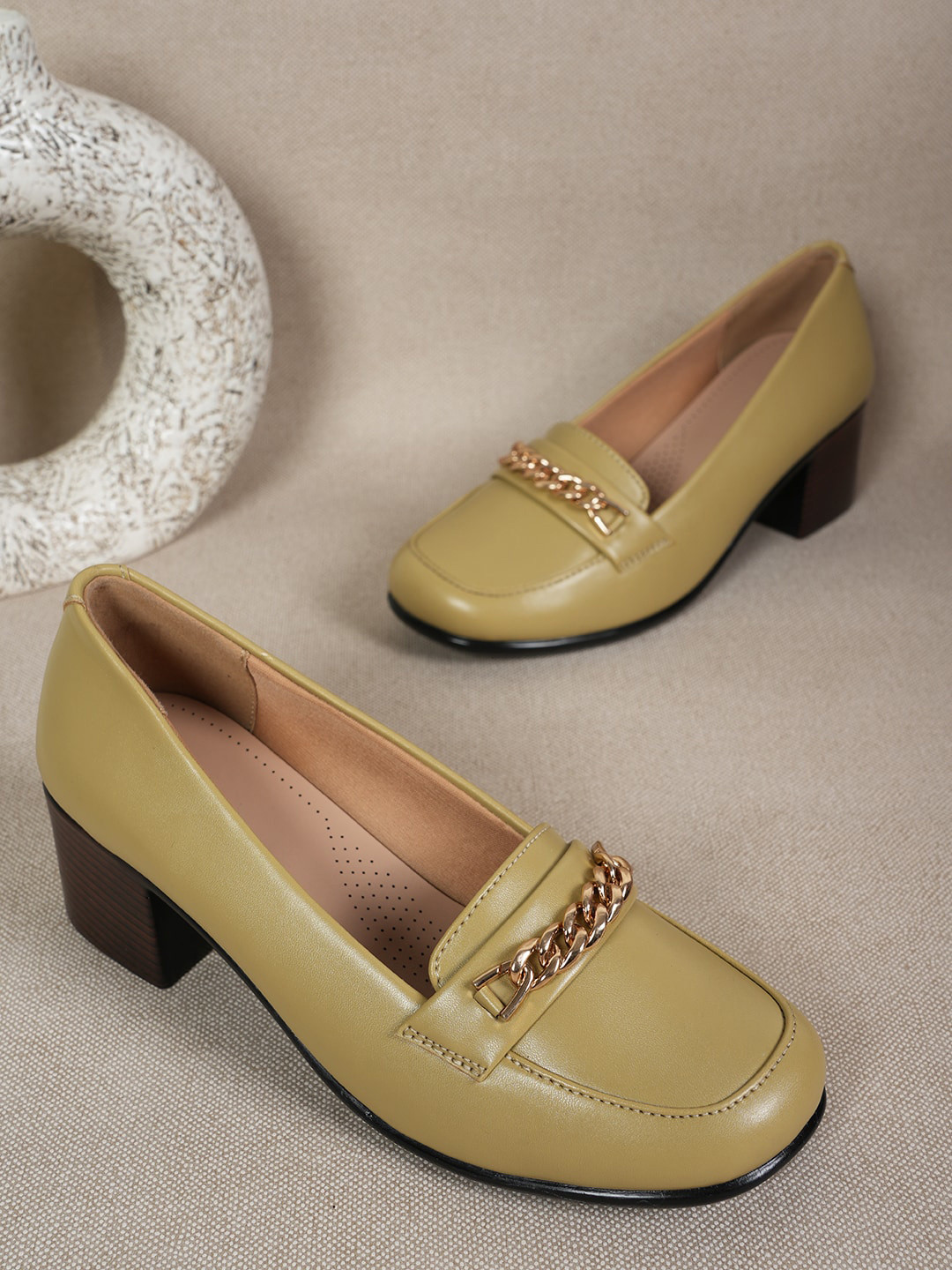 Mast & Harbour Beige Embellished Round Toe Block Heels Pumps