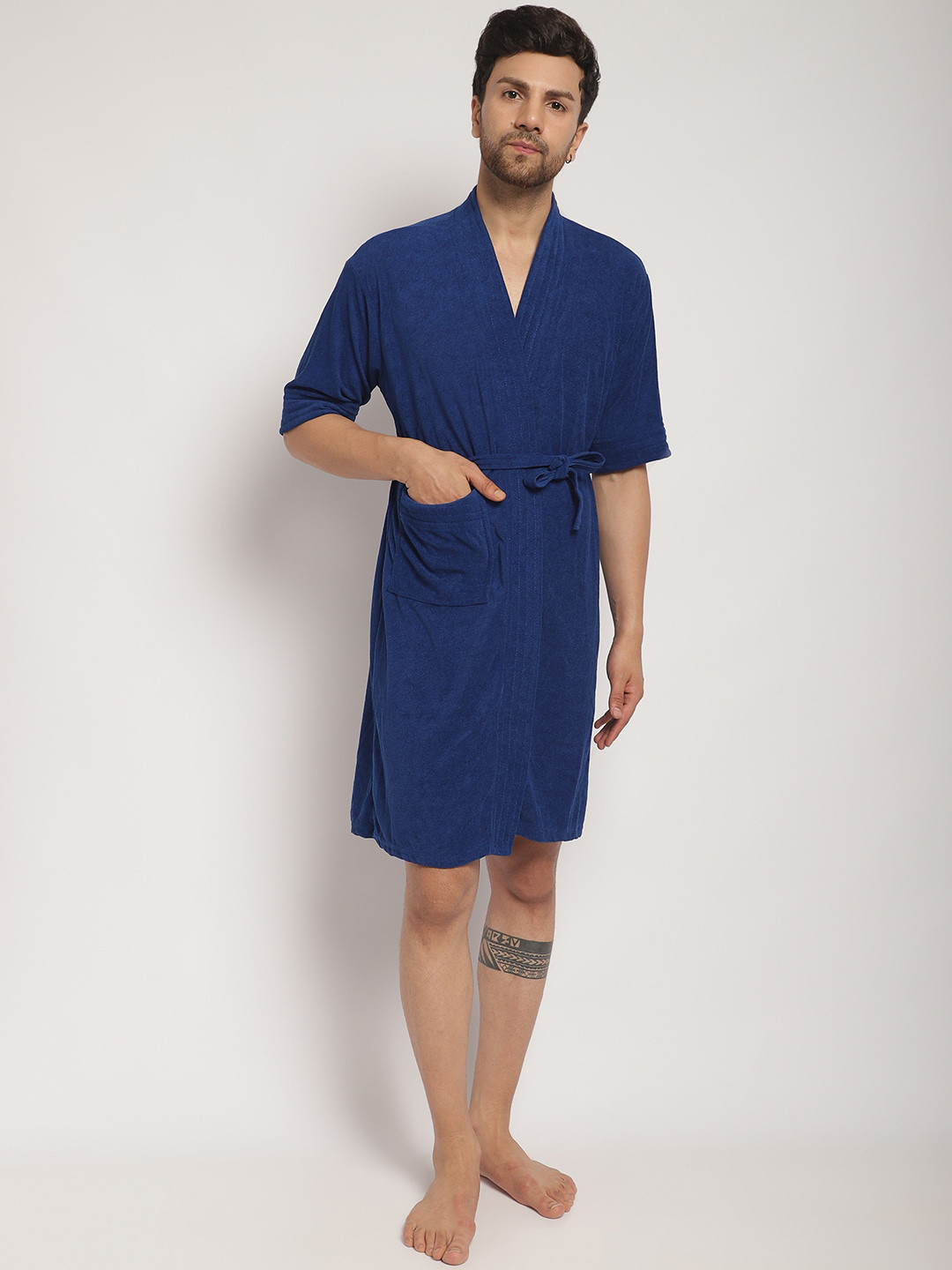ELEVANTO Blue Solid Terrycloth Drawstring Knee Length Bath Robe