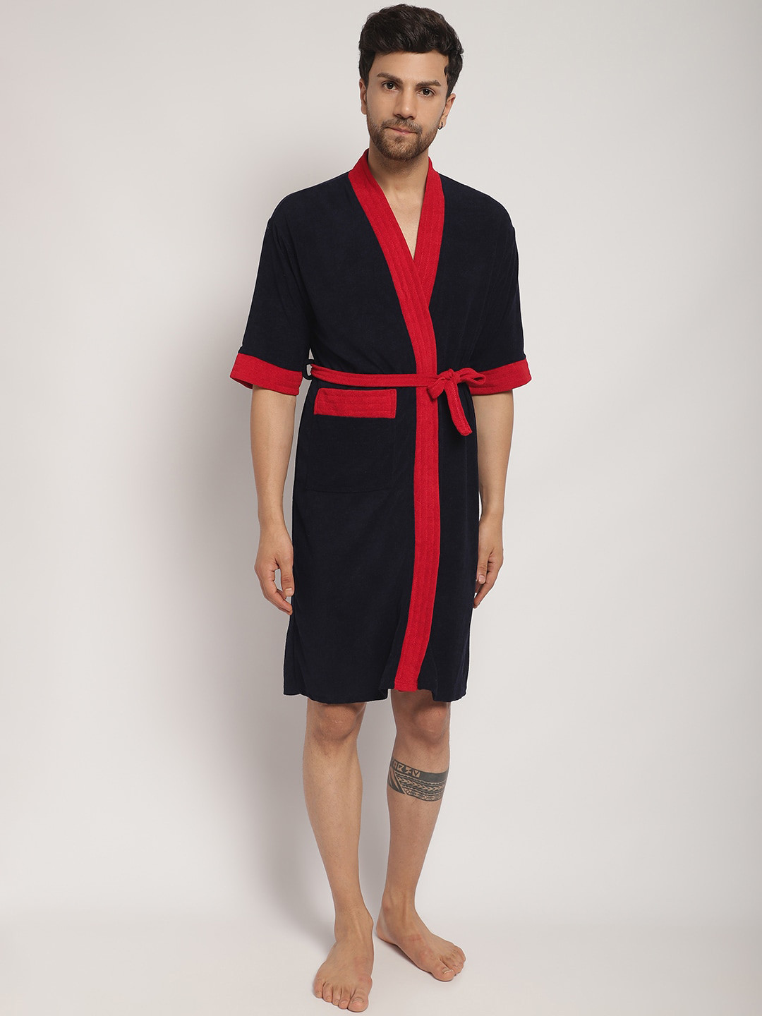 ELEVANTO Black Solid Terrycloth Drawstring Knee Length Bath Robe