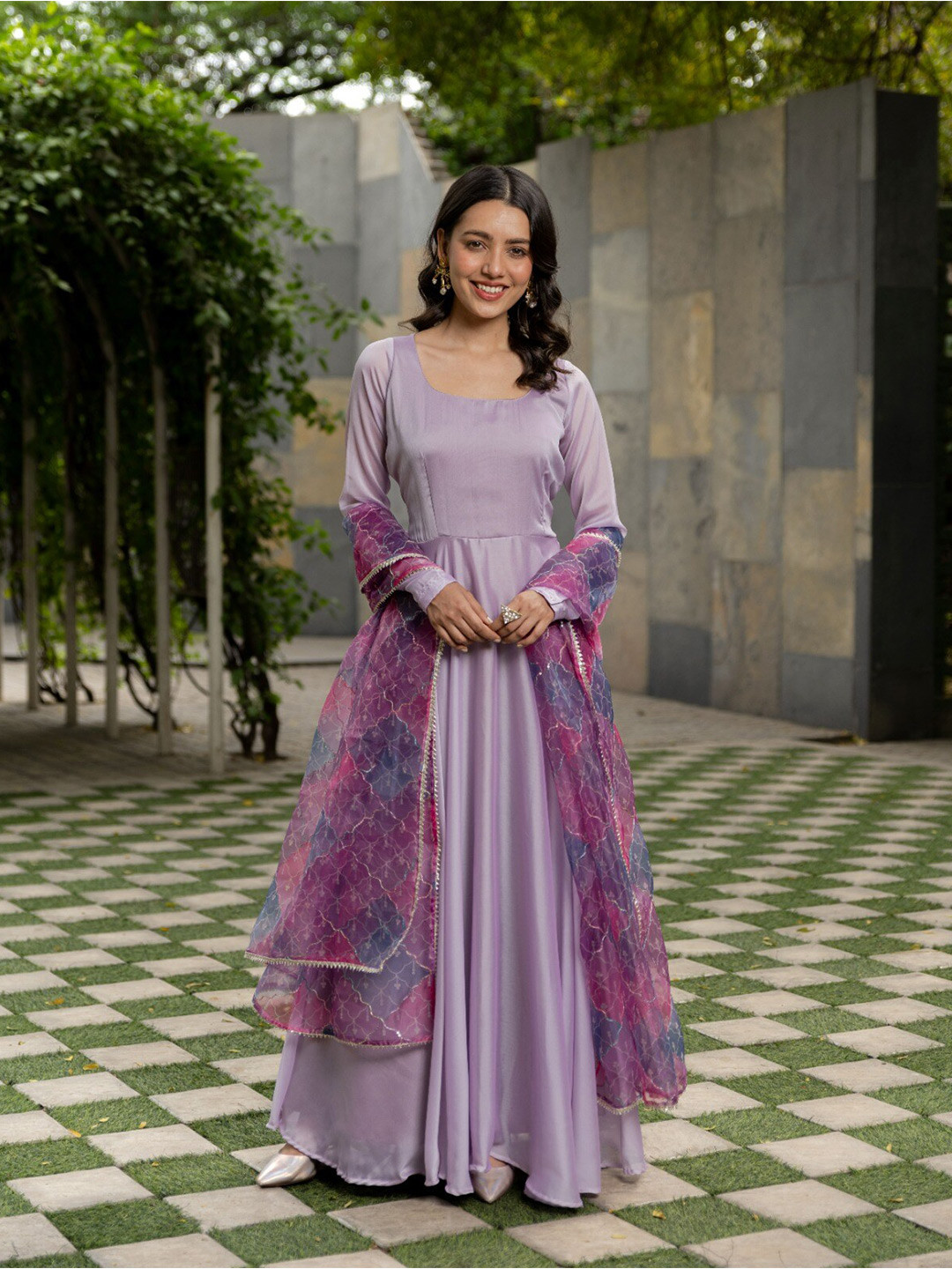 Vinya Square Neck Anarkali & Embroidered Organza Dupatta Fit and Flare Silk Maxi Dress