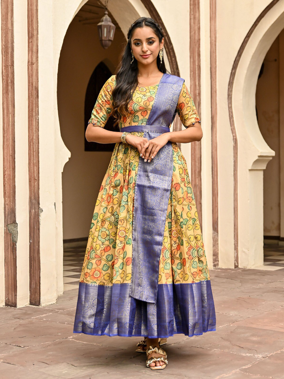Vinya Floral Printed Round Neck Silk Fit and Flare Maxi Dress