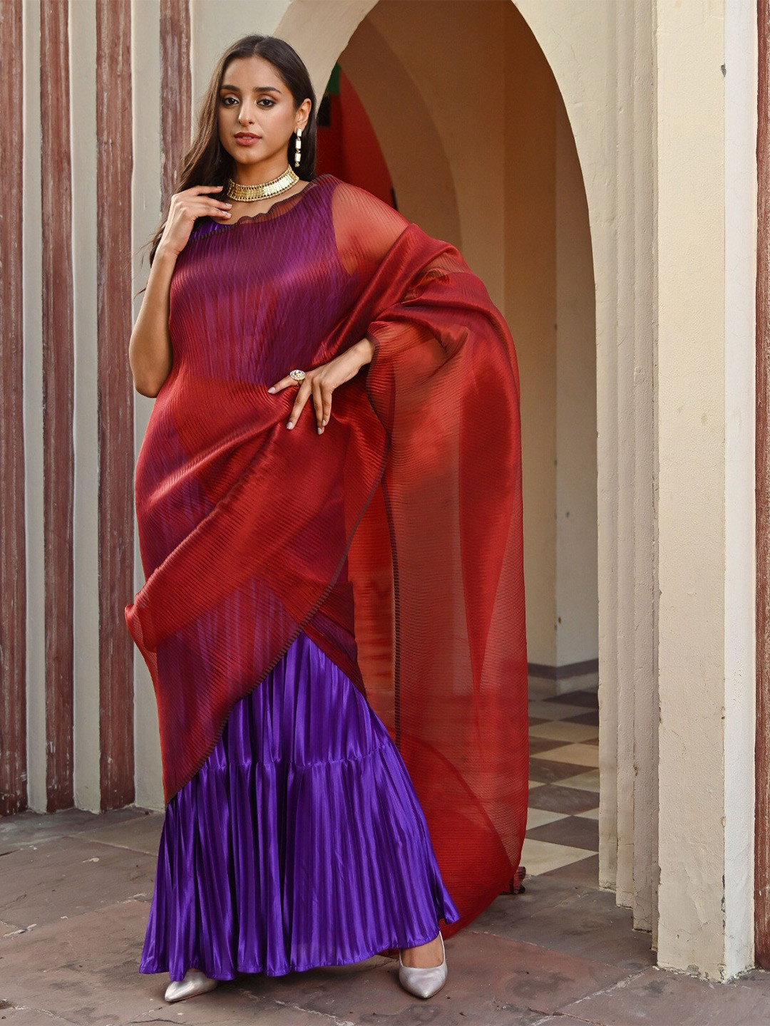 Vinya Colourblocked Satin Saree