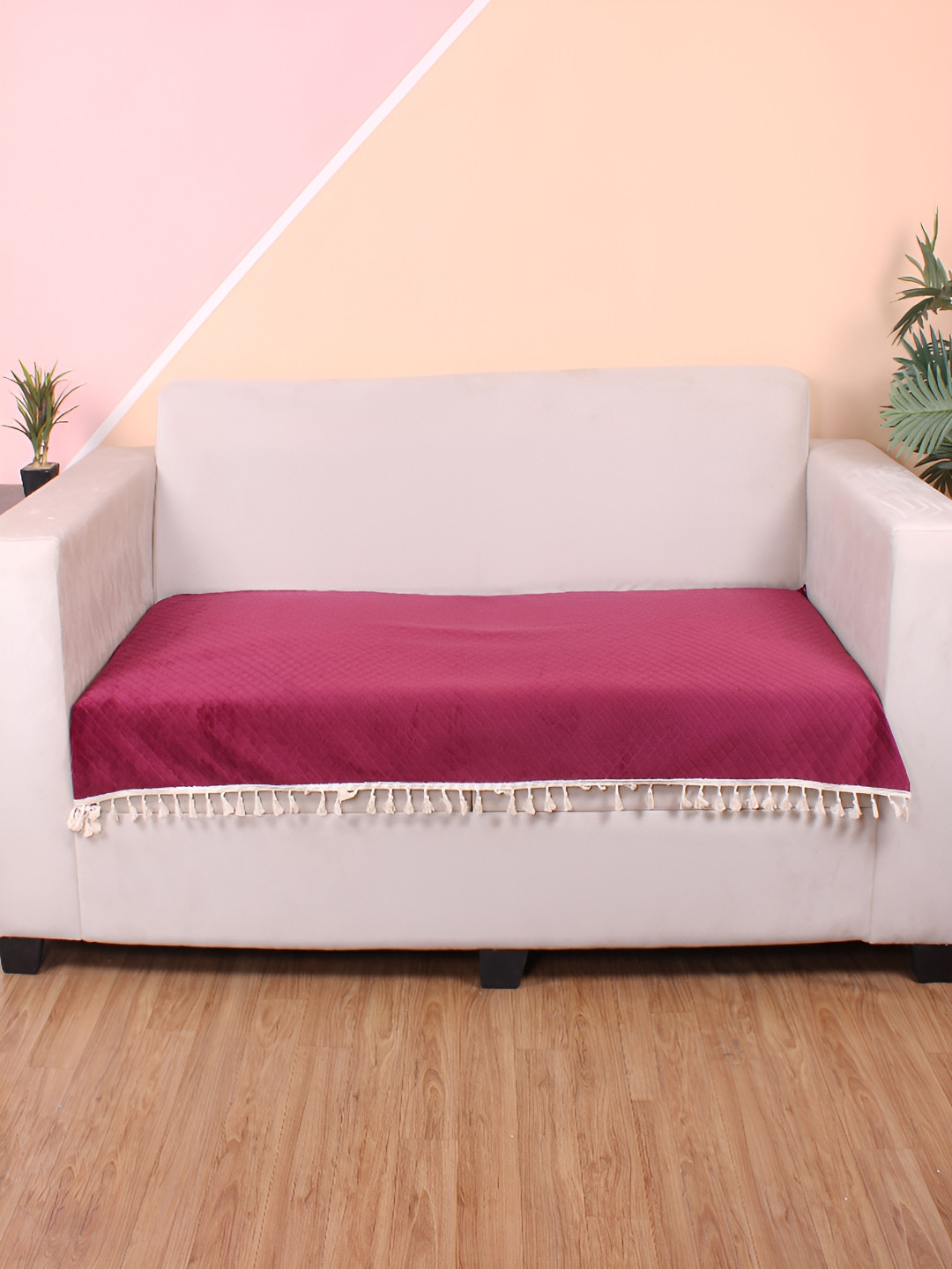 STITCHNEST 2 Seater Maroon & Beige Velvet Seat Cover