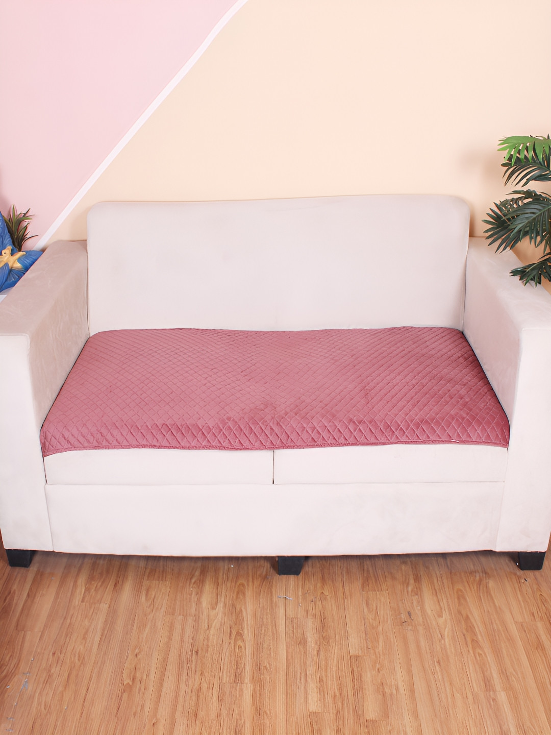 STITCHNEST 2 Seater Peach Velvet Seat Cover