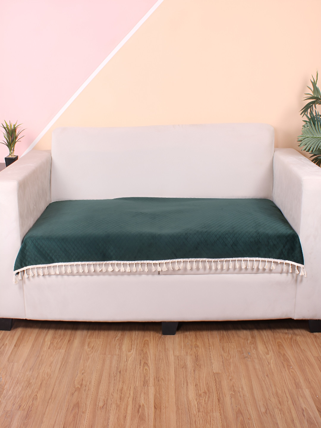 STITCHNEST 1 Seater Green & Beige Velvet Seat Cover