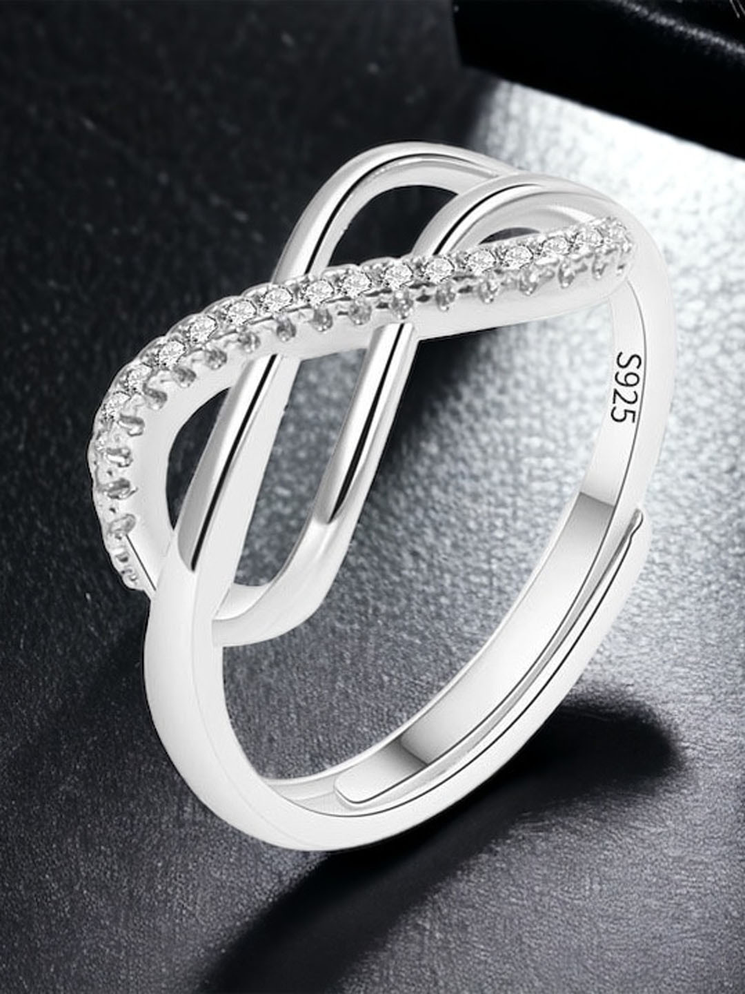 MYKI Silver-Plated Cubic Zirconia Stones Studded Infinity Design Adjustable Finger Ring