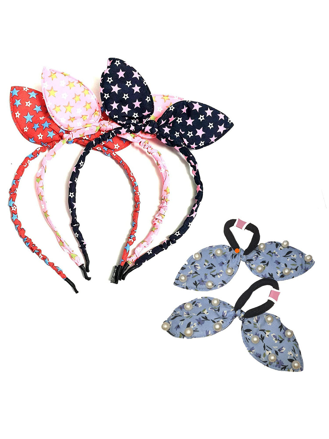 BAESD Girls Set Of 5 Bow Hairband & Pearl Rubber Band Rabbit Ear Hair Band Accessory Set