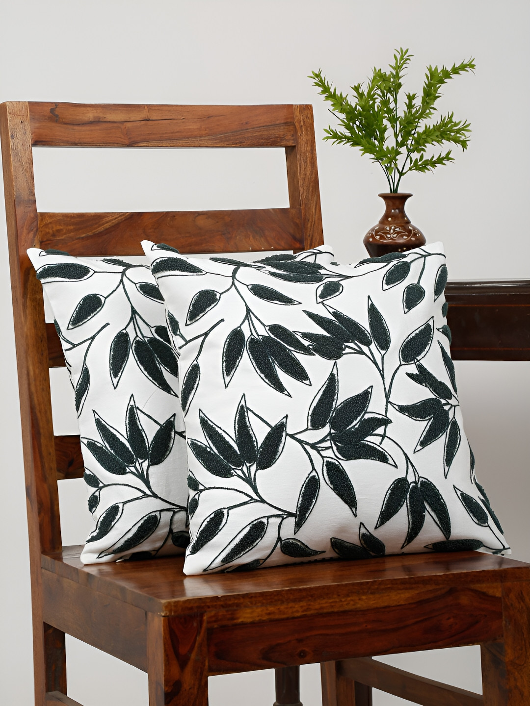 Ratan Cart Embroidered White Leaf Cotton Breathable 2 Piece Square Cushion Covers -16x16In
