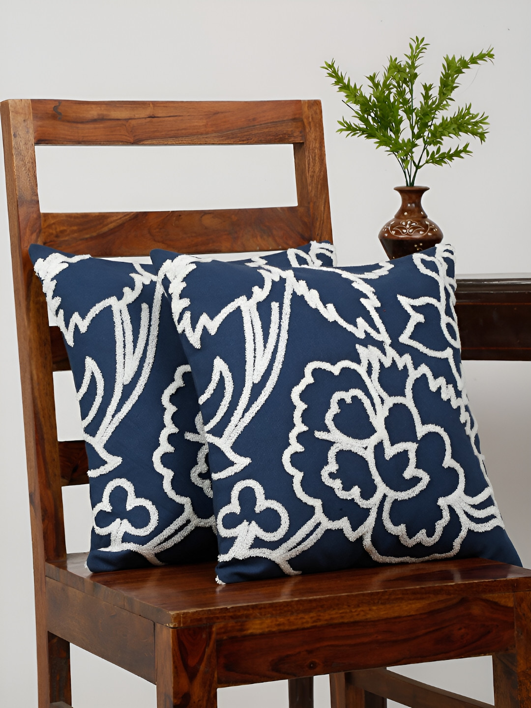 Ratan Cart Navy Blue & White 2 Pieces Cotton Embroidered Square Cushion Covers