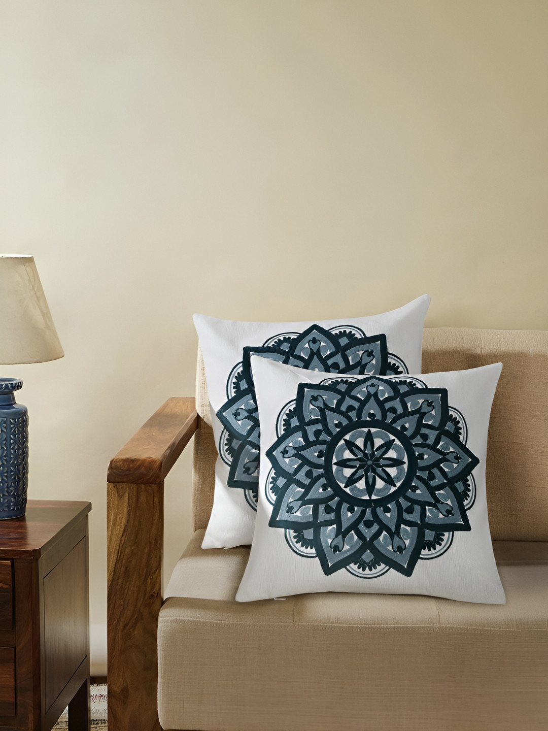 Ratan Cart White & Blue 2 Pieces Cotton Embroidered Square Cushion Covers