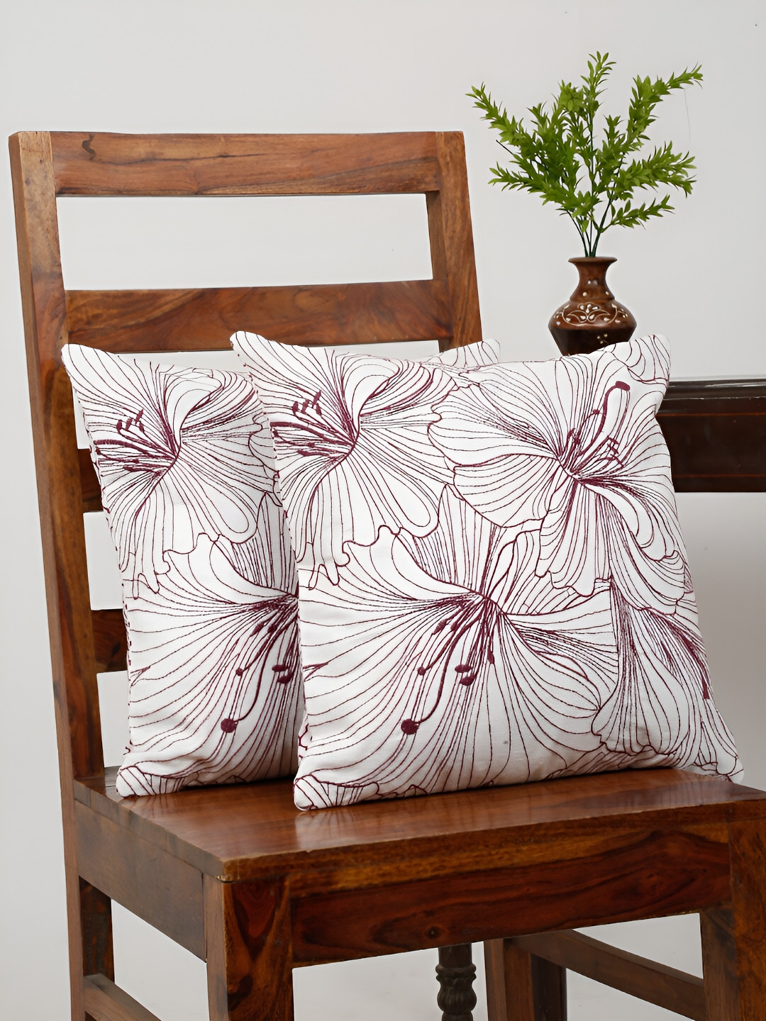 Ratan Cart White Cotton Breathable 2 Piece Embroidered Square Cushion Covers -16x16In